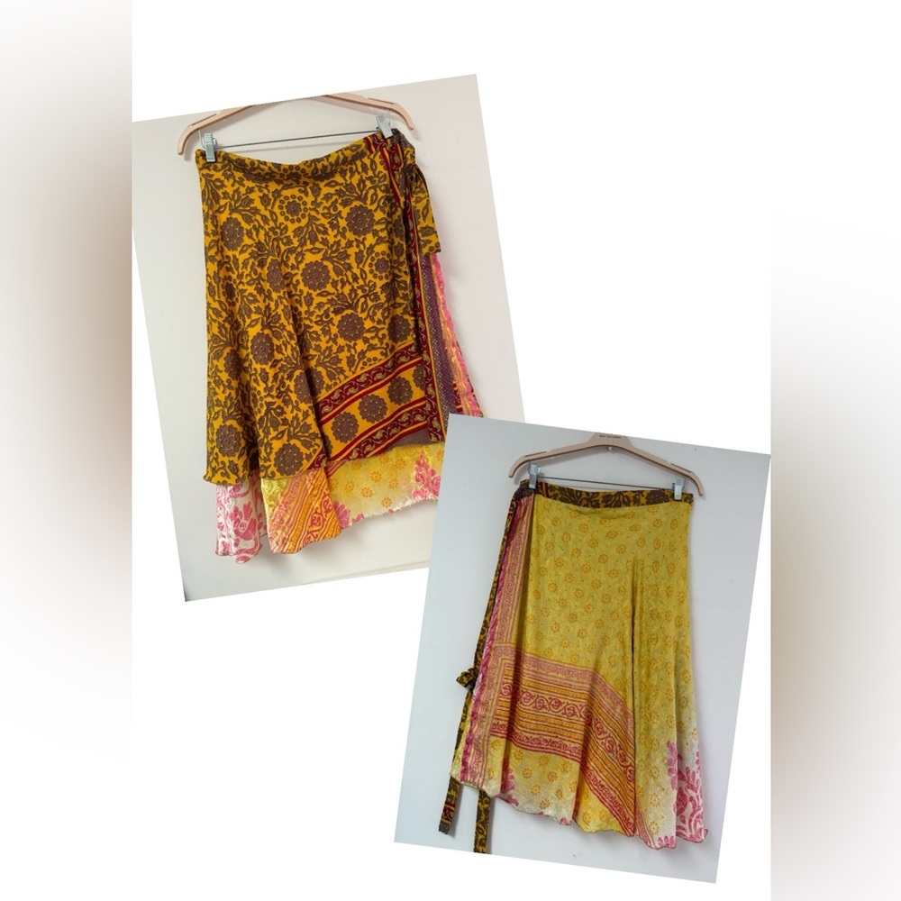 Reversible Silk Sari Wrap Skirt with Floral Print - Yellow/‎ Brown
